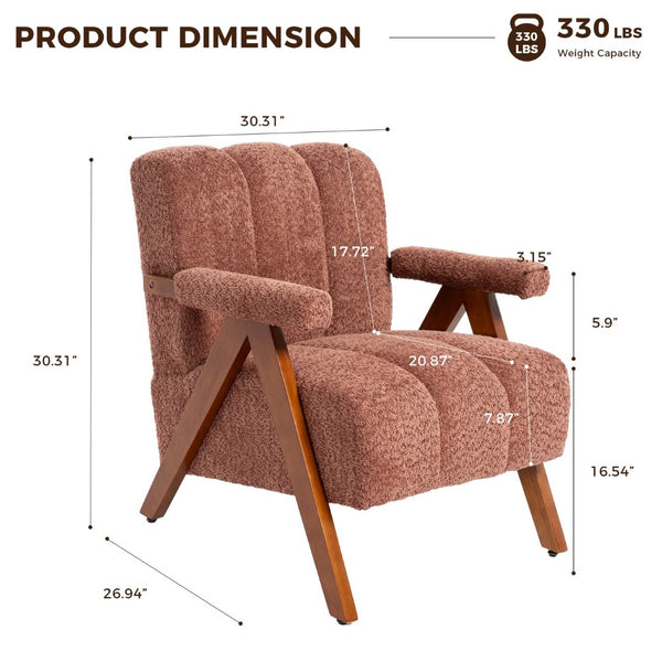 English Elm Mid-century Modern Chenille Lounge Chair Set Oak Frame Cloud Silhouette Living Room Rust Red W1170S00049