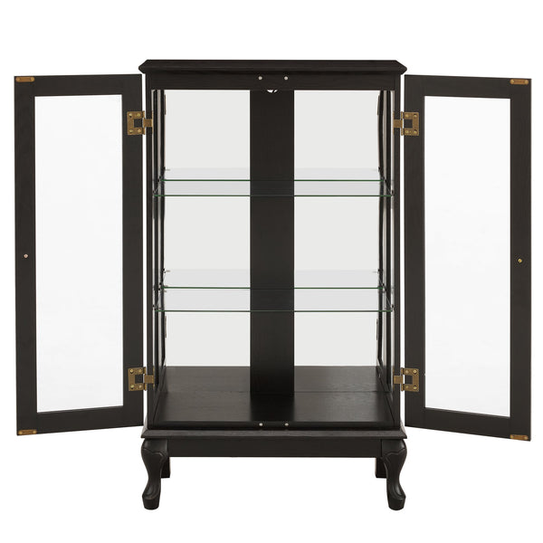 English Elm Curio Cabinet with Lighted Tempered Glass, Mirrored Back, Adjustable Shelves, Vintage Handle — Black W2275P389705