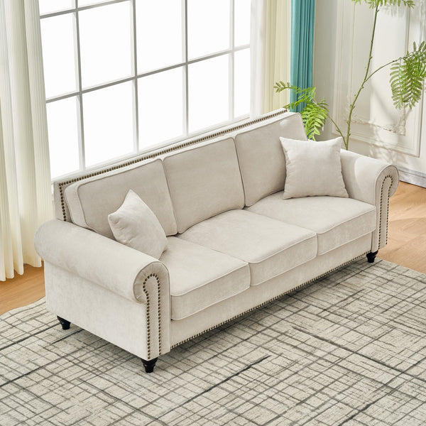 English Elm 86" Modern 3-Seater Sofa with Rolled Arms Chenille Upholstery, Nailhead Trim, Solid Wood Base for Living Room Comfort and Durability Beige W3373S00018