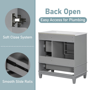 English Elm Christopher Knight Home® - 30" Freestanding Bathroom Vanity with Ceramic Sink, Soft-Close Door, Gold Knobs & 3 Drawers, Durable Painted Finish Grey N759P225994E