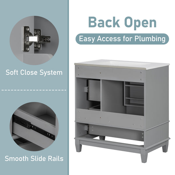 English Elm Christopher Knight Home® - 30" Freestanding Bathroom Vanity with Ceramic Sink, Soft-Close Door, Gold Knobs & 3 Drawers, Durable Painted Finish Grey N759P225994E