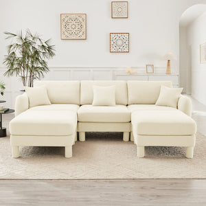 English Elm Boucle U-Shape Sectional Sofa With Shell Armrests & Movable Ottomans - Modern Beige Comfort Piece W3041S00278