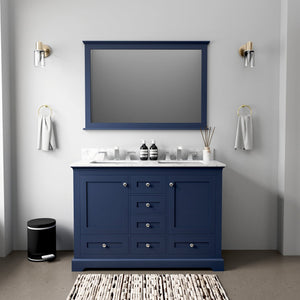 English Elm Navy Double Bath Vanity 48" W x 22" D — Solid Wood 2-Cabinet 6-Drawer Vanity, Soft-Close, Open Shelf, Fully Assembled B2731P258186