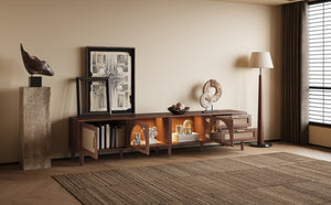 English Elm 86 Inch Rattan Media Console with Led Lighting Two Drawers Modern Living Room Tv Stand N710P438977P