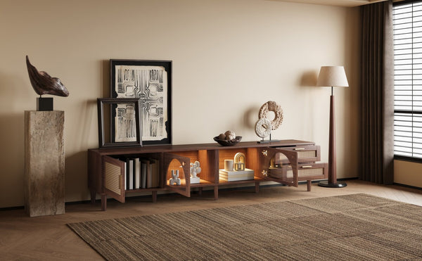 English Elm 86 Inch Rattan Media Console with Led Lighting Two Drawers Modern Living Room Tv Stand N710P438977P
