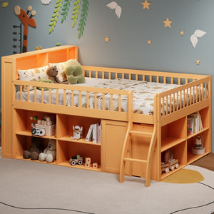 English Elm Queen Loft Bed with Open Shelving Built-in Led Light White Wood Frame N7090005025N