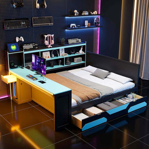 English Elm Queen Gaming Bed Frame with Desk Led Lighting Storage Drawers and Bookcase Headboard Black+Blue LP000290AAC