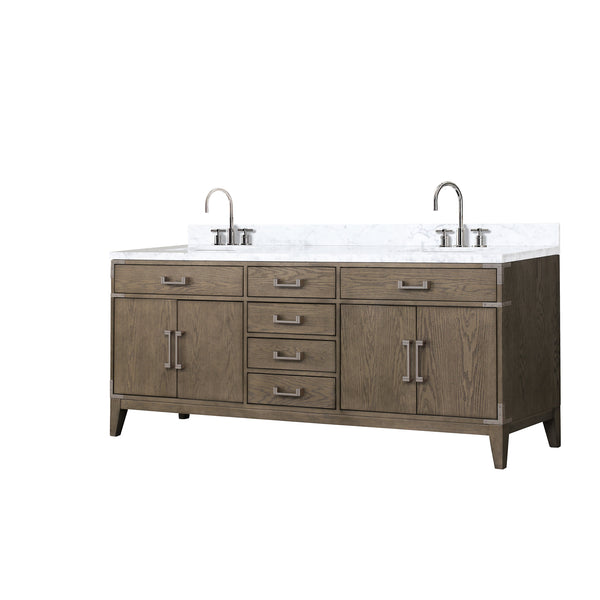 English Elm Grey Oak Double Bath Vanity With Carrara Marble Top & Chrome Faucet Set - Stylish Storage Solution! B2731P259935