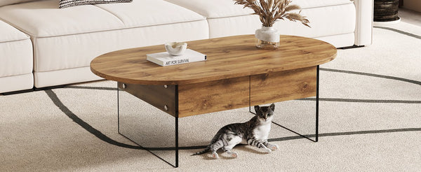 English Elm Cozy Natural Oval Coffee Table with Dual Drawers, Tempered Glass Legs, Wood Grain MDF Top, 43.3"x23.6" W1512P405601