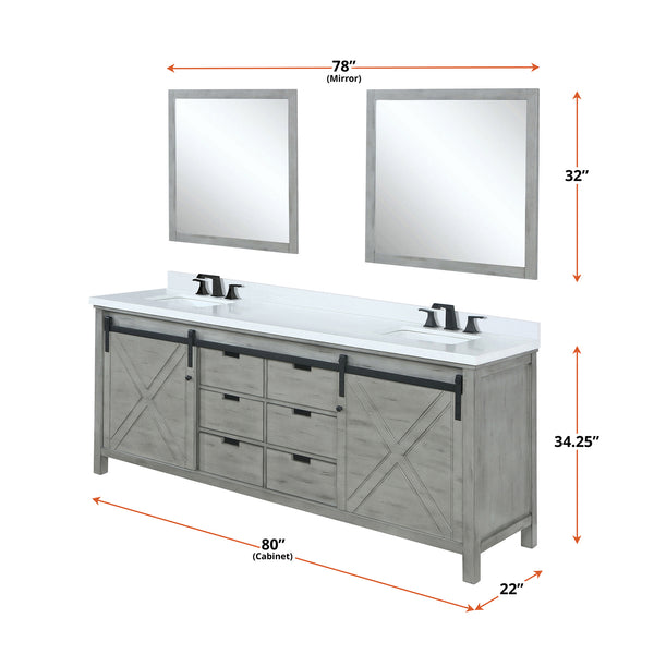 English Elm Ash Grey Double Bath Vanity 80" W x 22" D with Cultured Marble Top, Matte Black Faucets & 30" Mirrors B2731S01121