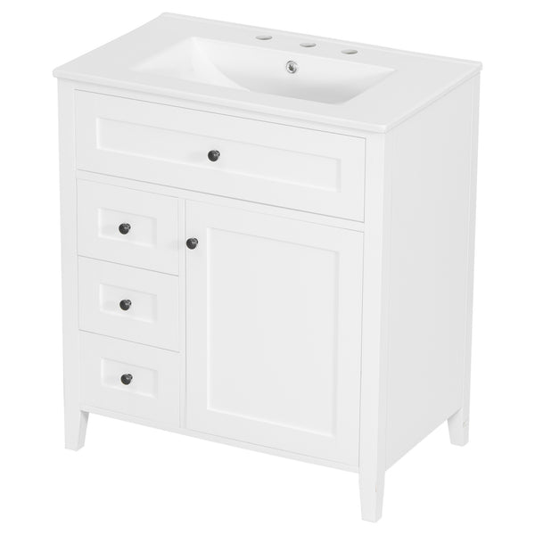 English Elm 30-Inch Contemporary Bathroom Vanity with Sink, MDF & Rubberwood, Glossy Finish, 3 Drawers + Cabinet White N725P350819K