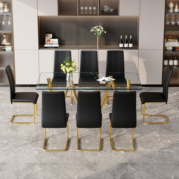 English Elm Tempered Glass Rectangular Dining Set Seats 8 with Glam Metal Legs Pu Leather Chairs Black,Gold W3875S00057