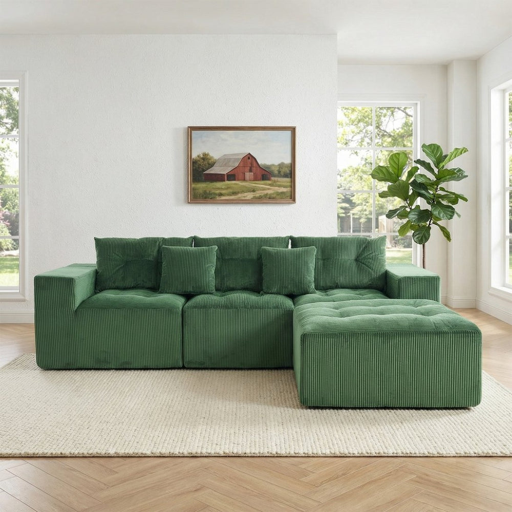 English Elm 101" Modular Cloud Sectional Corduroy Upholstered Sofa Reversible Chaise Living Room Green W1170S00055