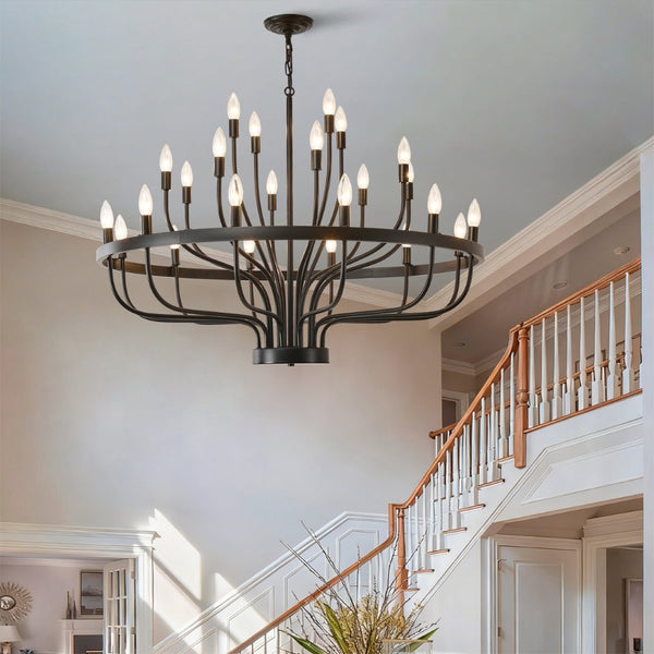 English Elm Industrial Black Metal 24 Arm Candelabra Chandelier for Dining Room or Vaulted Space W2991P406719