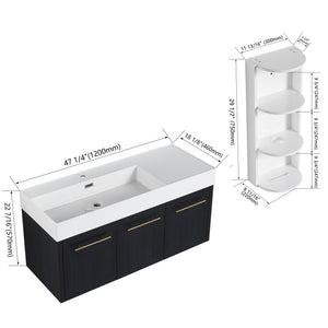English Elm 48 Inch Wall-Mounted Bathroom Vanity Set With Left Basin Sink, Storage Rack & Soft-Close Hinges W999S00371