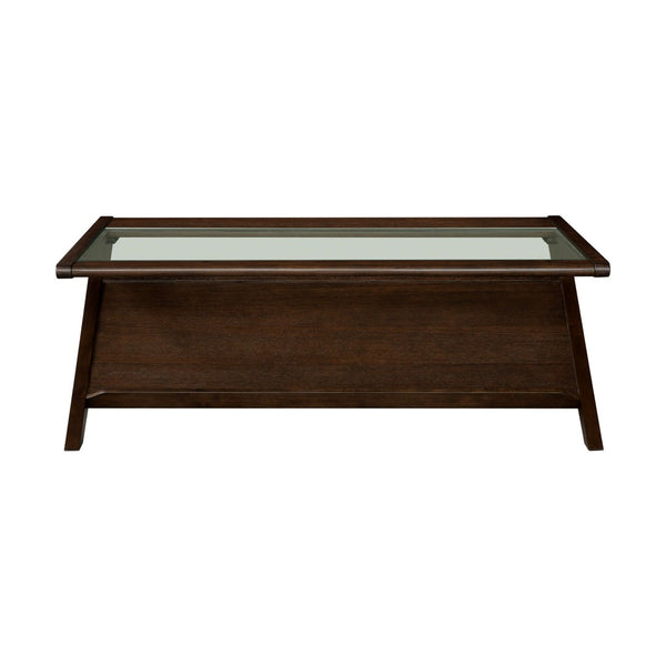 English Elm Wood and Tempered Glass Mid-century Coffee Table with Open Shelf for Living Room B035P408395