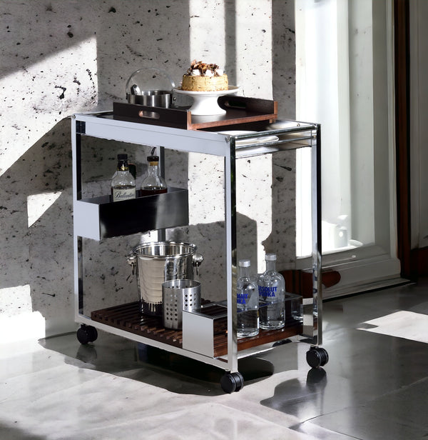 English Elm Lisses Chrome Serving Cart with Removable Wooden Tray, Wine Rack, Stemware Shelf & Casters, 70lb Top B2726P286818