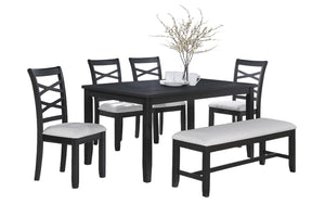 English Elm Dining 6pc Charcoal Dining Set with Bench & 4 X‑Back Cushioned Chairs, Rubberwood Rectangular Table B011S01923