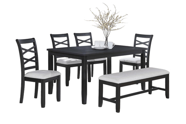 English Elm Dining 6pc Charcoal Dining Set with Bench & 4 X‑Back Cushioned Chairs, Rubberwood Rectangular Table B011S01923
