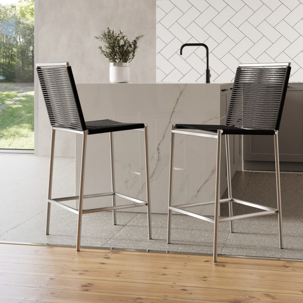 VIG Furniture Lathrop Modern Outdoor Counter Stool — Black Bungee Sling, Stainless 304 Frame, Weather-Resistant Design VGGR911939