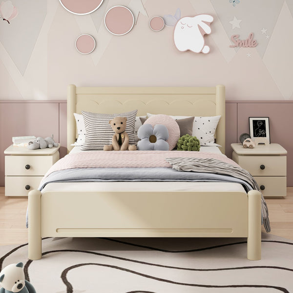 English Elm Queen Platform Bed Frame - Solid Rubberwood Construction, 10 Slats Support, No Box Spring Needed, Stylish Headboard and Under-Bed Storage Space Beige+Natural 63.39 L x 18.7 W x 4.53 H W1716S00023