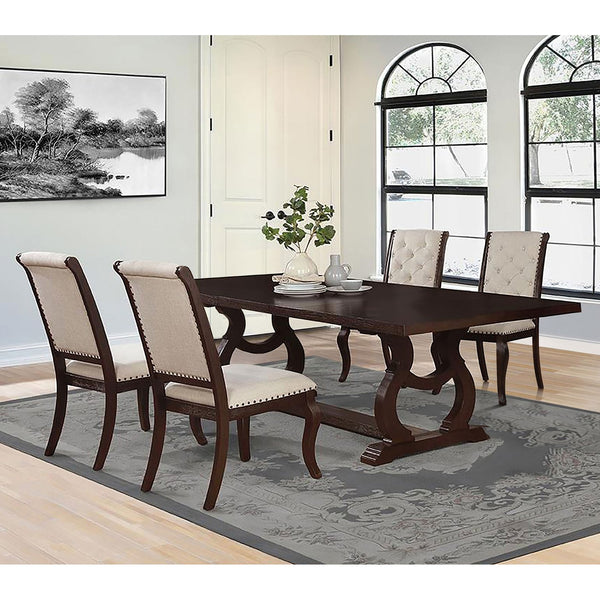 English Elm Atwell Rustic Java 5-Piece Dining Set with 20" Extension Leaf, Curved Base & Cream Upholstery Comfort B062S01299