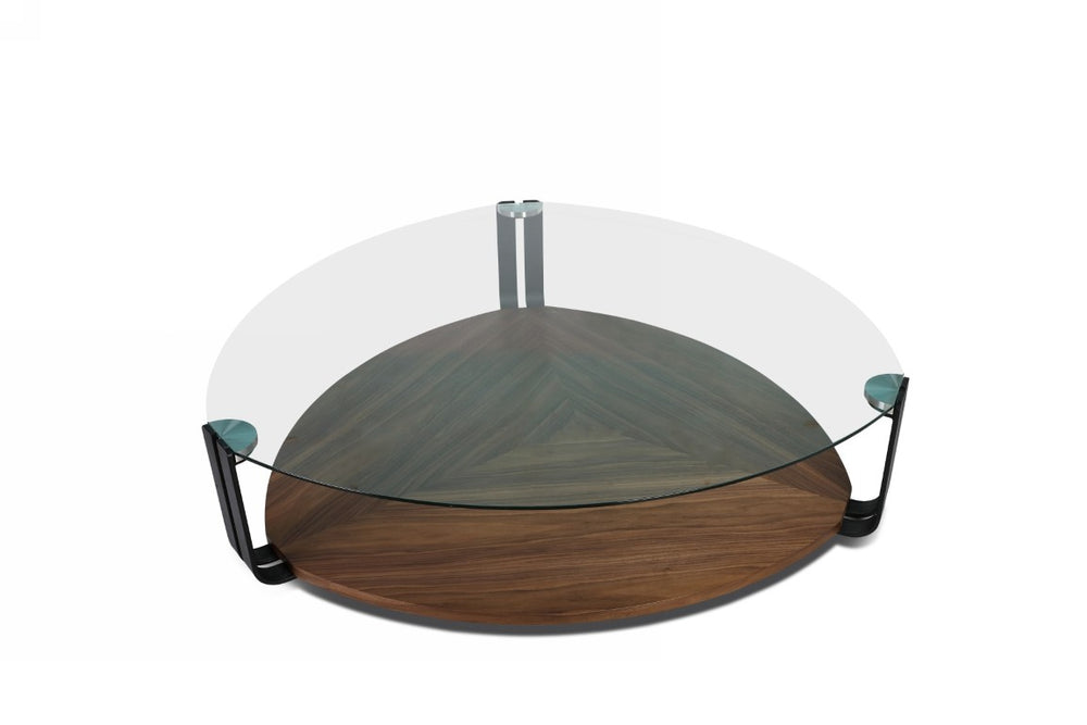 VIG Furniture Viviana Sculptural Coffee Table With Tempered Glass Top, Walnut Shelf & Grey Metal Legs — 53" VGBB-MH1904C-GRY