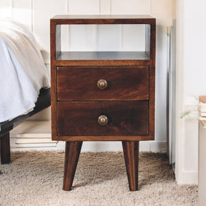 English Elm Solid Wood Mini Nightstand With 2 Drawers & Open Shelf, Mid-Century Design, Dark Walnut Finish B182P279264-GIGA