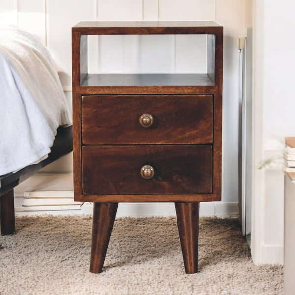 English Elm Solid Wood Mini Nightstand With 2 Drawers & Open Shelf, Mid-Century Design, Dark Walnut Finish B182P279264-GIGA