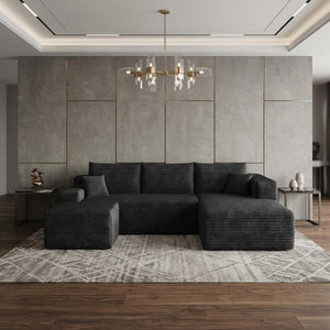 95 Inch Black Corduroy Modular Sectional Sofa with Ottoman and Accent Pillows