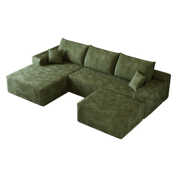 HomeRoots 107 Inch Corduroy Modular Sectional with Chaise Ottoman and Accent Pillows Included 762634