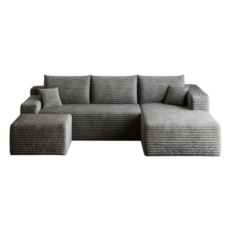 HomeRoots 95 Inch Corduroy Modular Living Room Sofa with Chaise Ottoman and Accent Pillows 762635