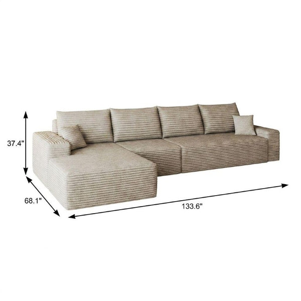 Camel Corduroy Modular L-shaped Sectional Sofa with Chaise for Modern Living Room Comfort