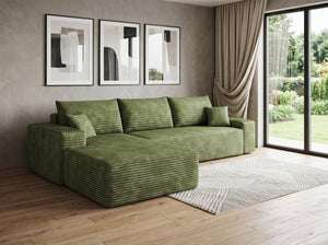 Green Corduroy Modular Sectional with Chaise Living Room L-shape Sofa
