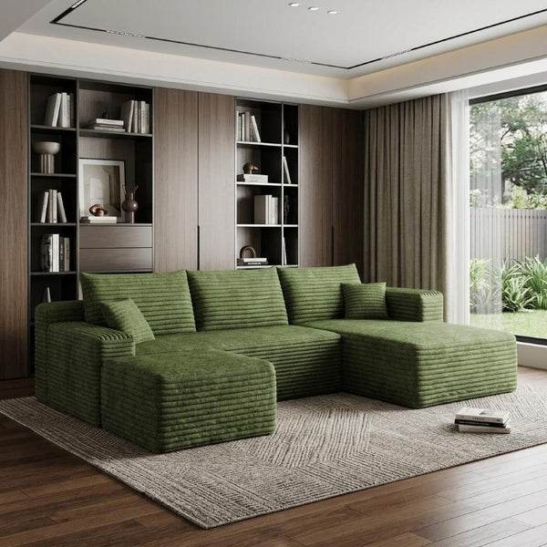 95 Inch Corduroy Modular Sectional with Ottoman and Accent Pillows for Living Room