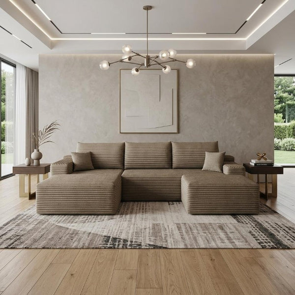 107 Inch Camel Corduroy Modular Sectional Sofa with Ottoman for Living Room
