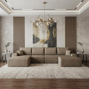 135 Inch Corduroy Sectional Sofa with Ottoman Toss Pillows Modular Living Room Set