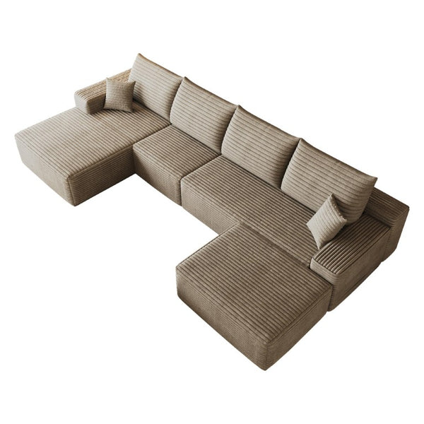135 Inch Corduroy Sectional Sofa with Ottoman Toss Pillows Modular Living Room Set