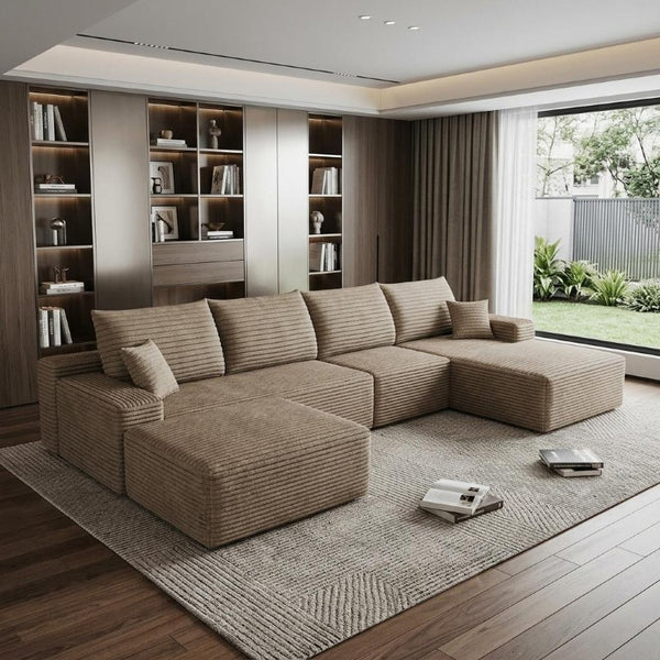 135 Inch Corduroy Modular Sectional Sofa with Ottoman and Accent Pillows Included