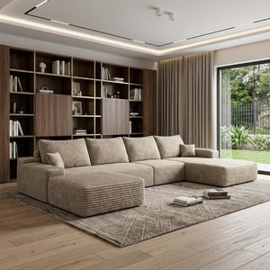 135 Inch Corduroy Sectional Sofa with Ottoman and Pillows for Living Room Comfort