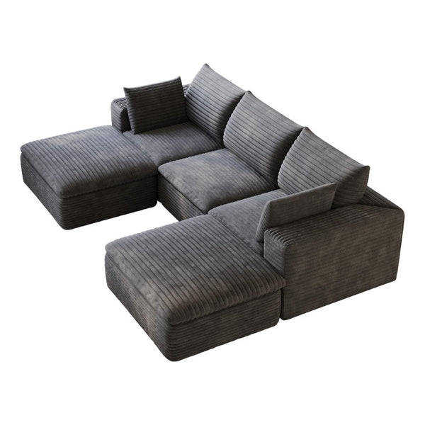 102 Inch Corduroy Modular Sectional Sofa with Ottoman and Toss Pillows for Living Room