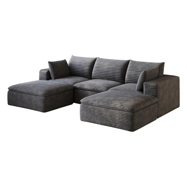 102 Inch Corduroy Modular Sectional Sofa with Ottoman and Toss Pillows for Living Room