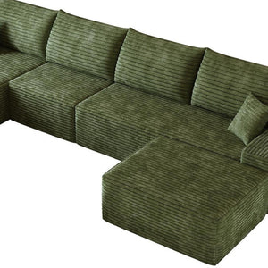 135 Inch Corduroy Sectional Sofa Set with Chaise Ottoman and Toss Pillows for Living Room