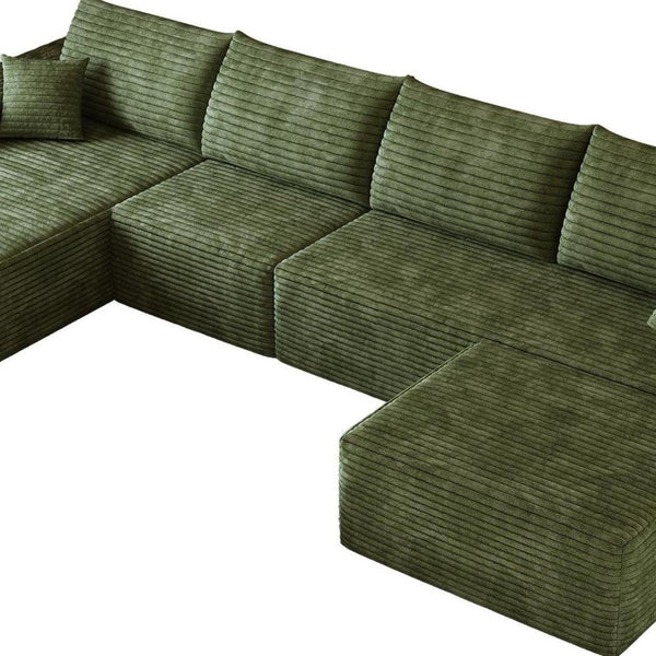 135 Inch Corduroy Sectional Sofa Set with Chaise Ottoman and Toss Pillows for Living Room