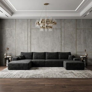 135 Inch Corduroy Sectional Sofa Set with Chaise Ottoman and Toss Pillows for Living Room