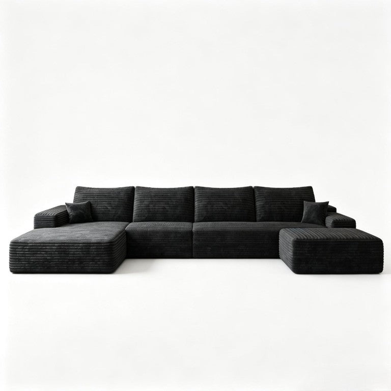 HomeRoots 135 Inch Corduroy Sectional Sofa Set with Chaise Ottoman and Toss Pillows for Living Room Black 762695