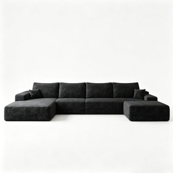 HomeRoots 135 Inch Corduroy Sectional Sofa Set with Chaise Ottoman and Toss Pillows for Living Room Black 762695