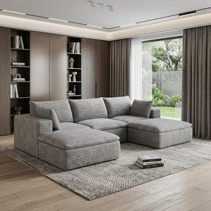 102 Inch Corduroy Modular Sectional Sofa with Ottoman and Toss Pillows for Living Room