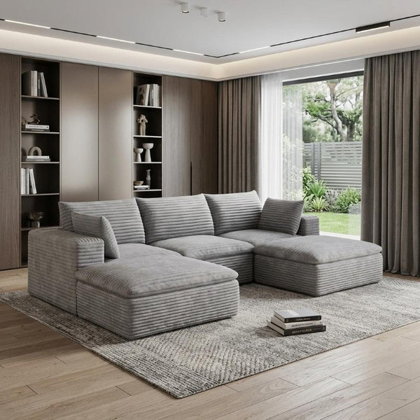 102 Inch Corduroy Modular Sectional Sofa with Ottoman and Toss Pillows for Living Room