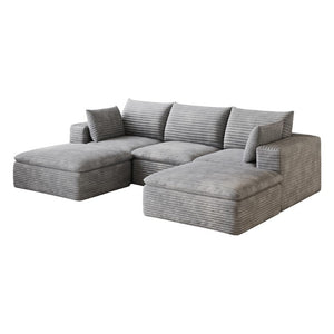 102 Inch Corduroy Modular Sectional Sofa with Ottoman and Toss Pillows for Living Room